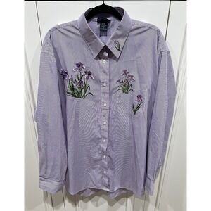 Las Olas Purple Pinstripe Button Up Shirt Embroidered Iris Rhinestone Flower Fun